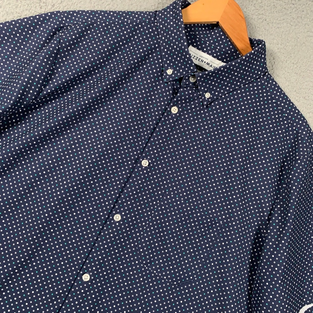 Mizzen + Main Leeward Short Sleeve Shirt Mens XXL 2XL Navy Trim Fit Geometric